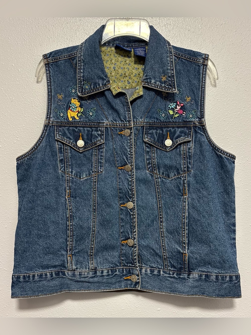 Vintage 90s Disney Store Winnie the Pooh Floral Lined Denim Vest